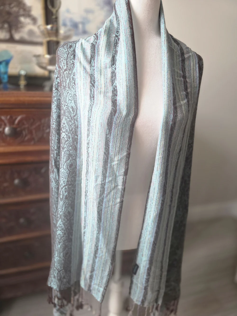 pashmina Blue and Gray Paisley Stripe Wrap